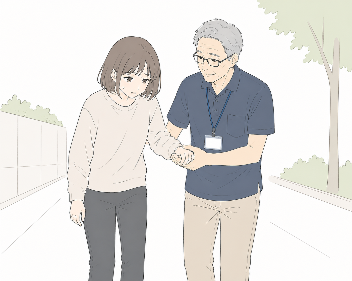 年配のヘルパーの男性に支えてもらって歩く若い女性